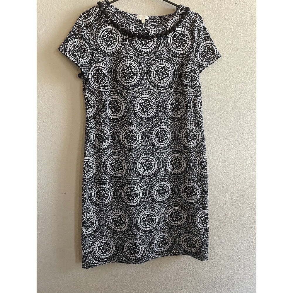 Talbots Dress Womens SP Small Petite White Black Medallion PomPoms Knit Casual